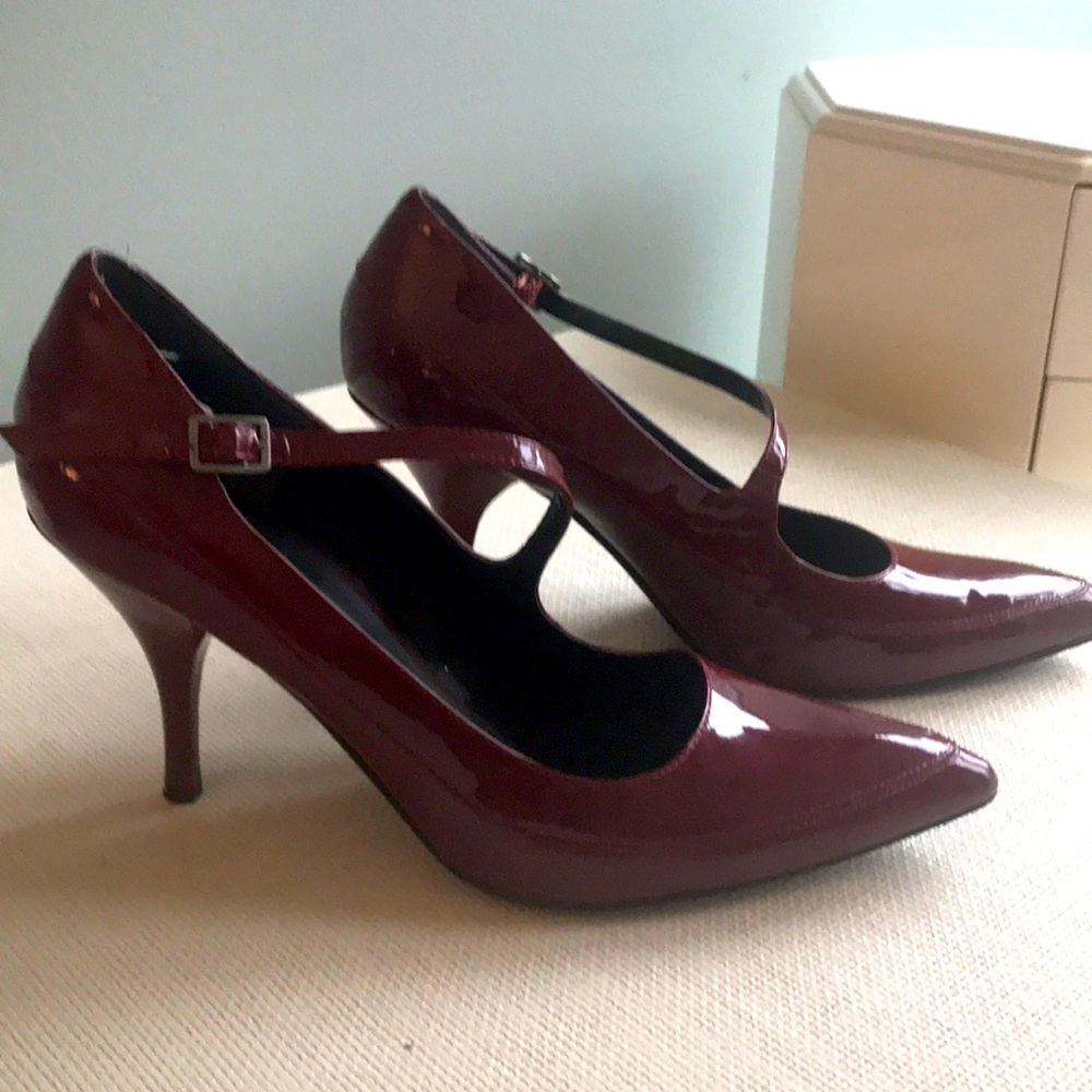 Red patent leather heels with strap